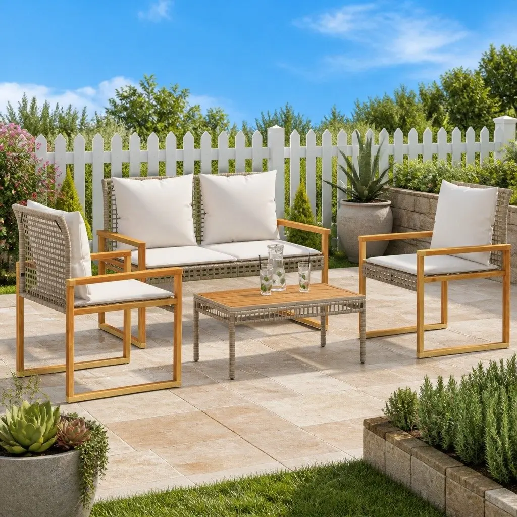 4 Piece Garden Lounge Set Beige Poly Rattan Outdoor Furniture Patio Sofa Chair