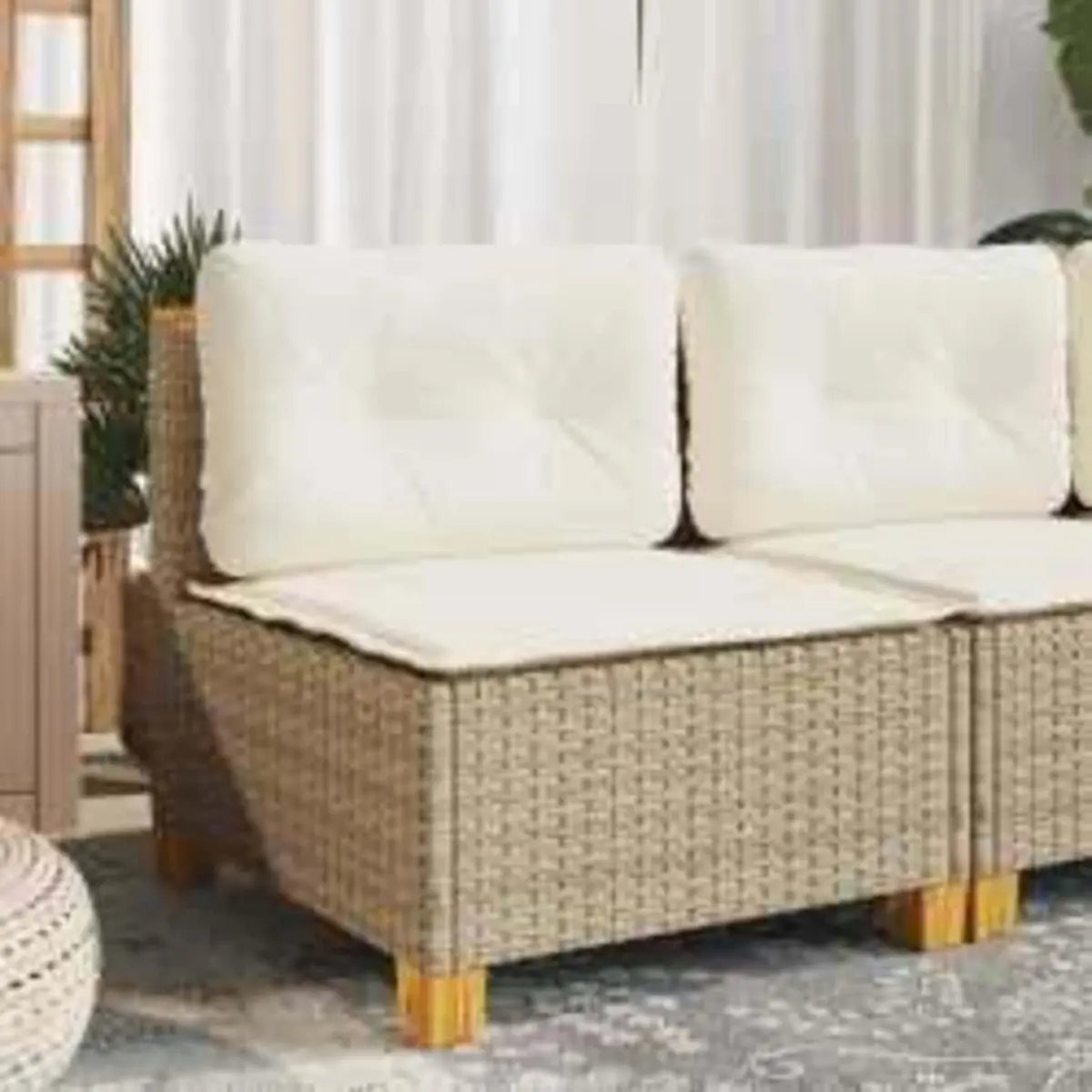 Outdoor Sofa Armless Lounge Seating Thick Cushions Beige Poly Rattan