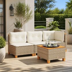 Garden Table Beige Outdoor Furniture Patio Dining PE Rattan Acacia Wood Top