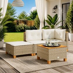 Garden Stool with Cushion Beige Outdoor Foot Rest Lounge Seat Poly Rattan