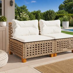 Outdoor Garden Sofa Armless Beige Poly Rattan Modular Lounge Seating Cushions
