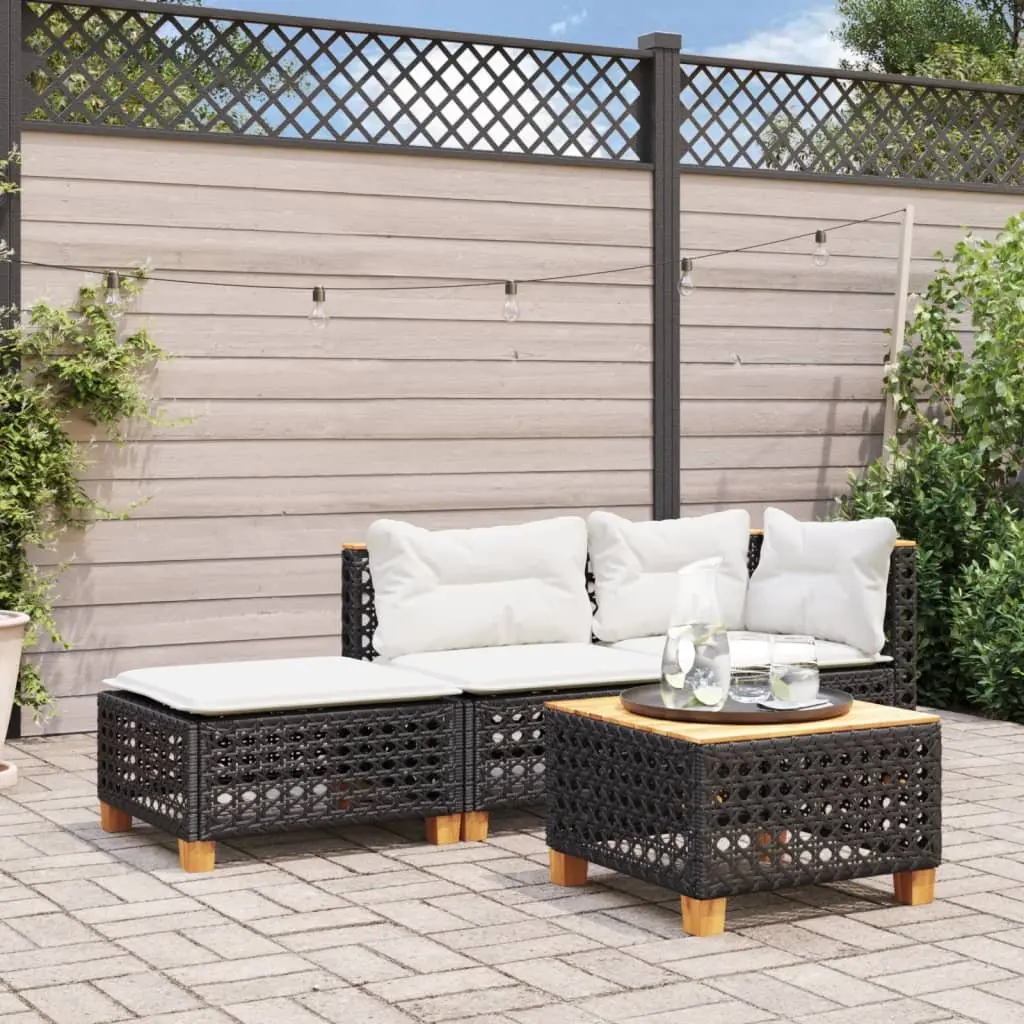 Garden Stool with Cushion Black Outdoor Foot Rest Poly Rattan Lounge Furniture