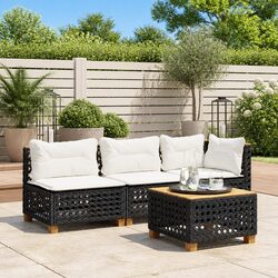 3-Seater Outdoor Garden Sofa with Cushions Black Poly Rattan Lounge Seating