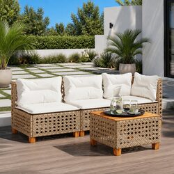 Outdoor Garden Sofa 3-Seater with Cushions Beige PE Rattan Lounge Furniture