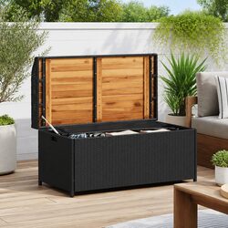 Outdoor Storage Bench Black Garden Seating Box PE Rattan Acacia Wood 100x50x52cm