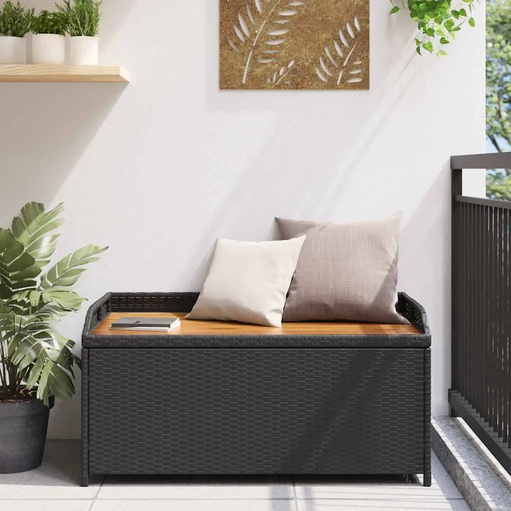 Outdoor Storage Bench PE Rattan Acacia Wood Black 100x50x52cm