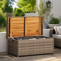 Outdoor Storage Bench Grey Garden Seating with Poly Rattan Acacia Wood