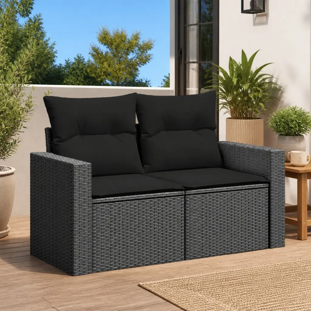 2-Seater Outdoor Garden Sofa with Cushions Black Poly Rattan Patio Furniture