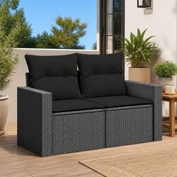 2-Seater Outdoor Garden Sofa with Cushions Black Poly Rattan Patio Furniture