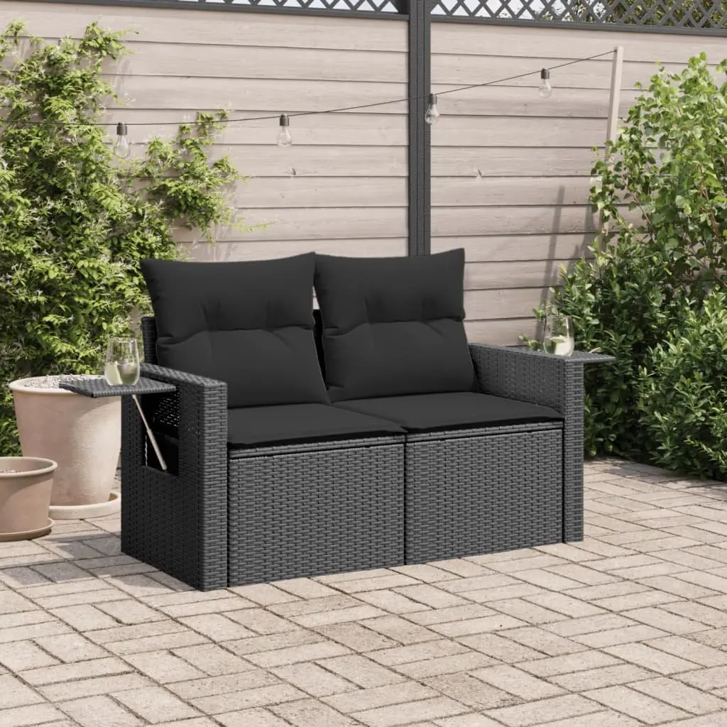 2-Seater Garden Sofa with Cushions Foldable Side Table Black PE Rattan