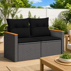 2-Seater Garden Sofa Outdoor Seating with Cushions Black Poly Rattan Patio