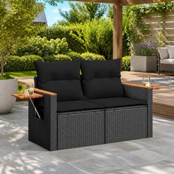Outdoor Garden Sofa 2-Seater Black PE Rattan with Cushions and Side Table
