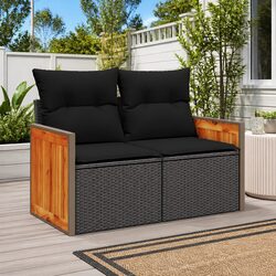 2-Seater Outdoor Garden Sofa with Cushions Black Poly Rattan Patio Furniture