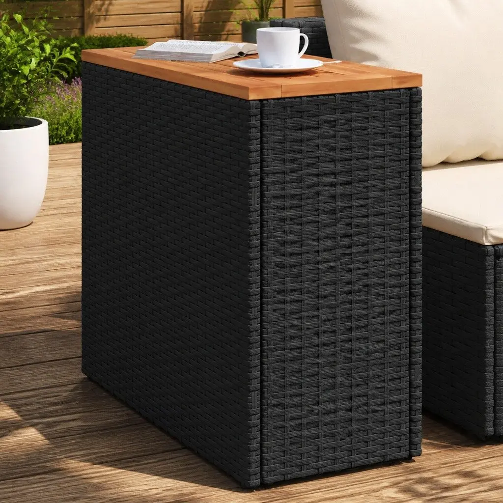 Garden Side Table Poly Rattan Frame Wooden Top Black 58L x 27.5W x 55H cm