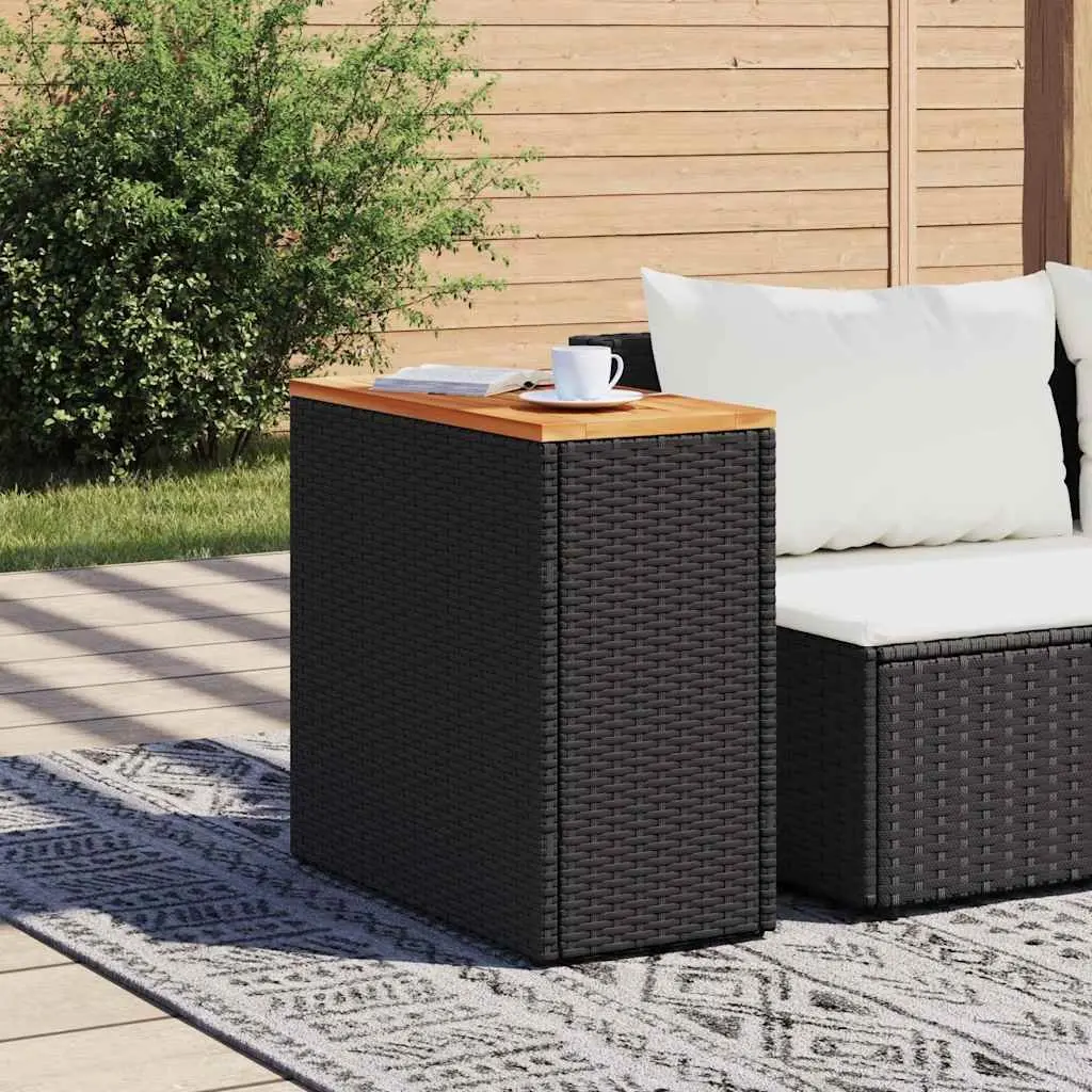 Garden Side Table Poly Rattan Frame Wooden Top Black 58L x 27.5W x 55H cm