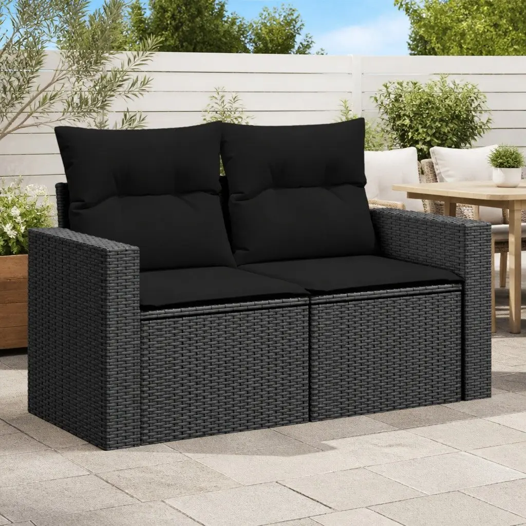 Outdoor Garden Sofa 2-Seater Black Poly Rattan with Cushions and Storage Bags