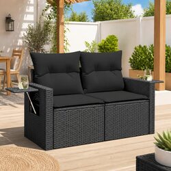 Outdoor Garden Sofa 2-Seater Black Poly Rattan with Cushions Storage Side Table