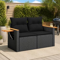 Garden Sofa 2-Seater with Cushions Black Poly Rattan Outdoor Patio Couch Seat