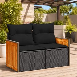 Outdoor Garden Sofa 2-Seater Black Poly Rattan with Storage Cushions Modular