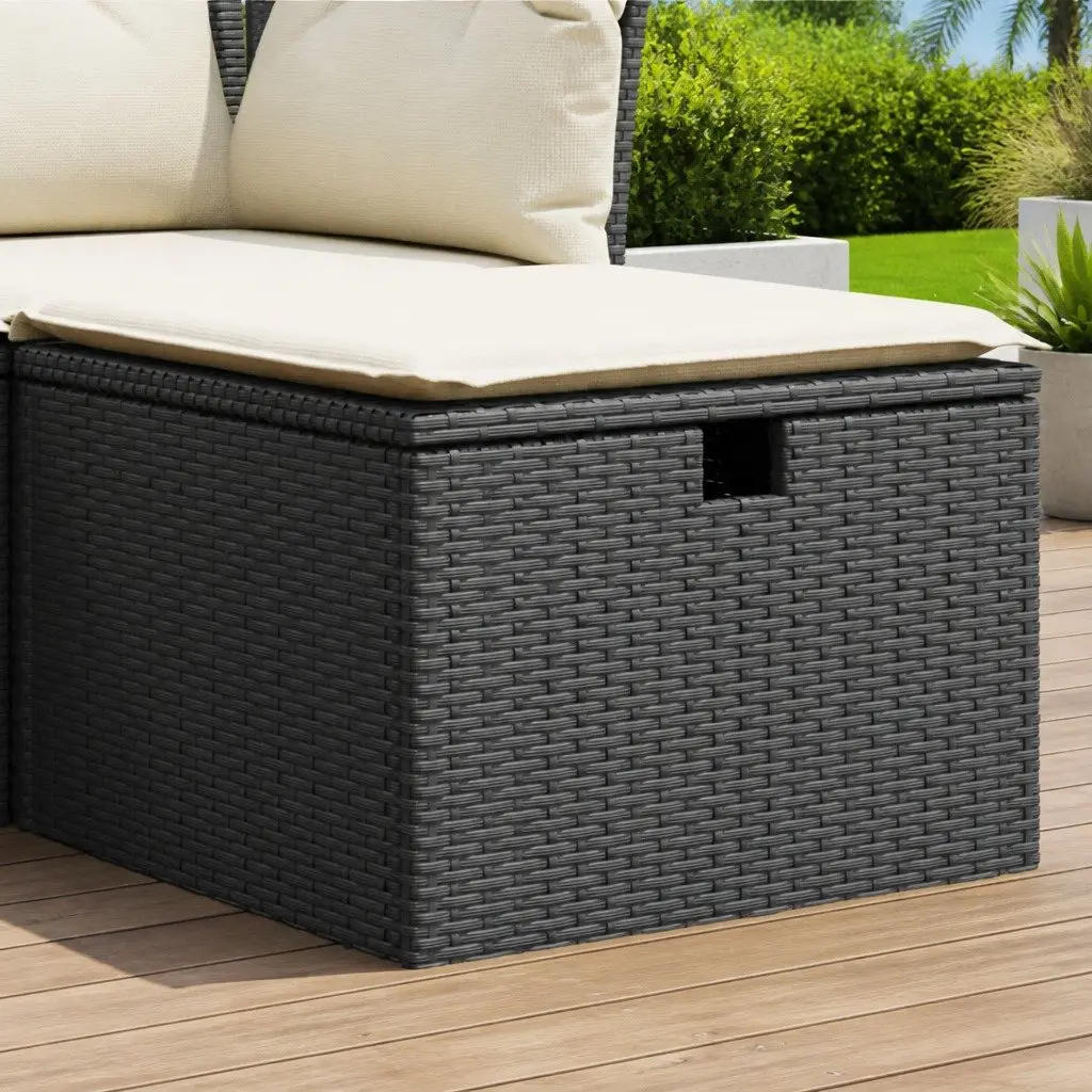 Garden Stool with Storage Cushioned Seat Outdoor Furniture Black Poly Rattan