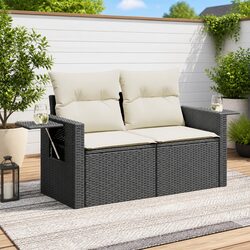2-Seater Garden Sofa Outdoor Lounge Chair with Cushions Black Poly Rattan