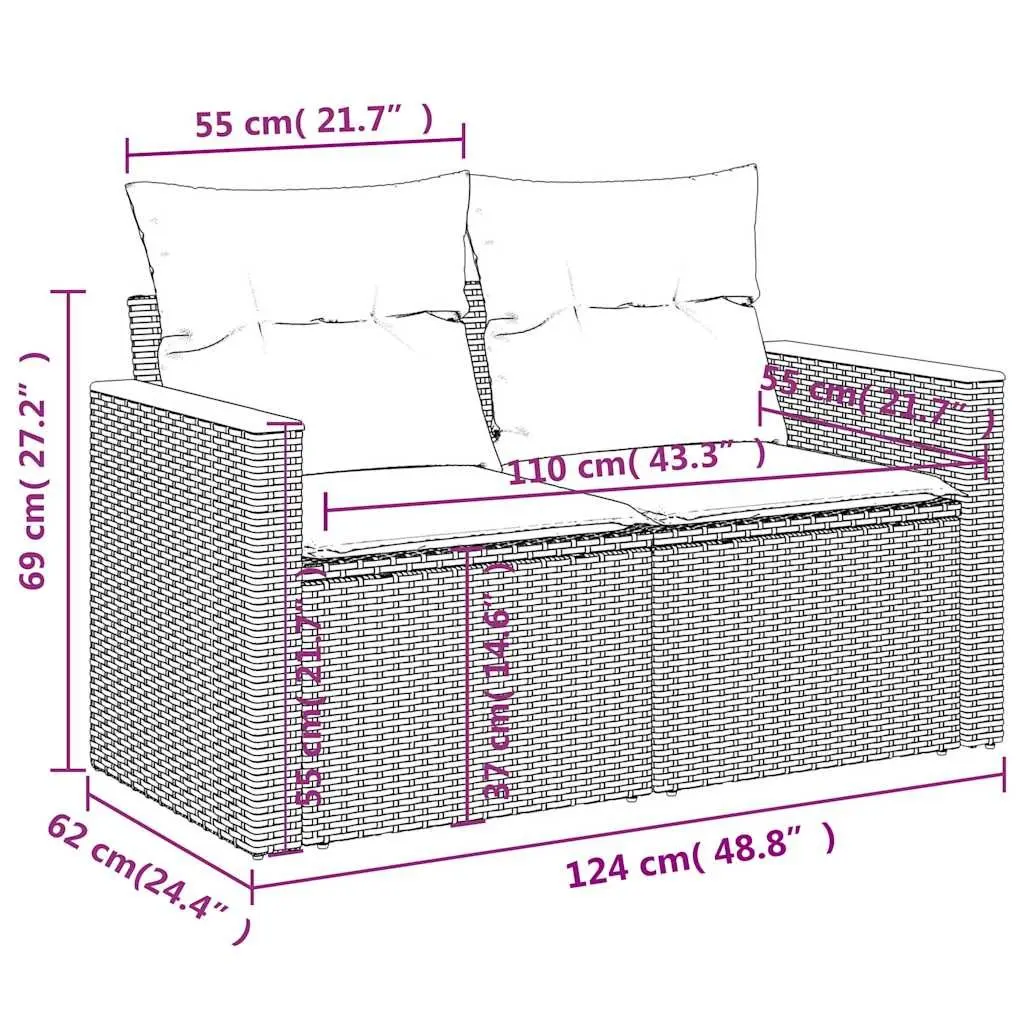 2-Seater Garden Sofa Black Poly Rattan with Cushions Outdoor Patio Furniture