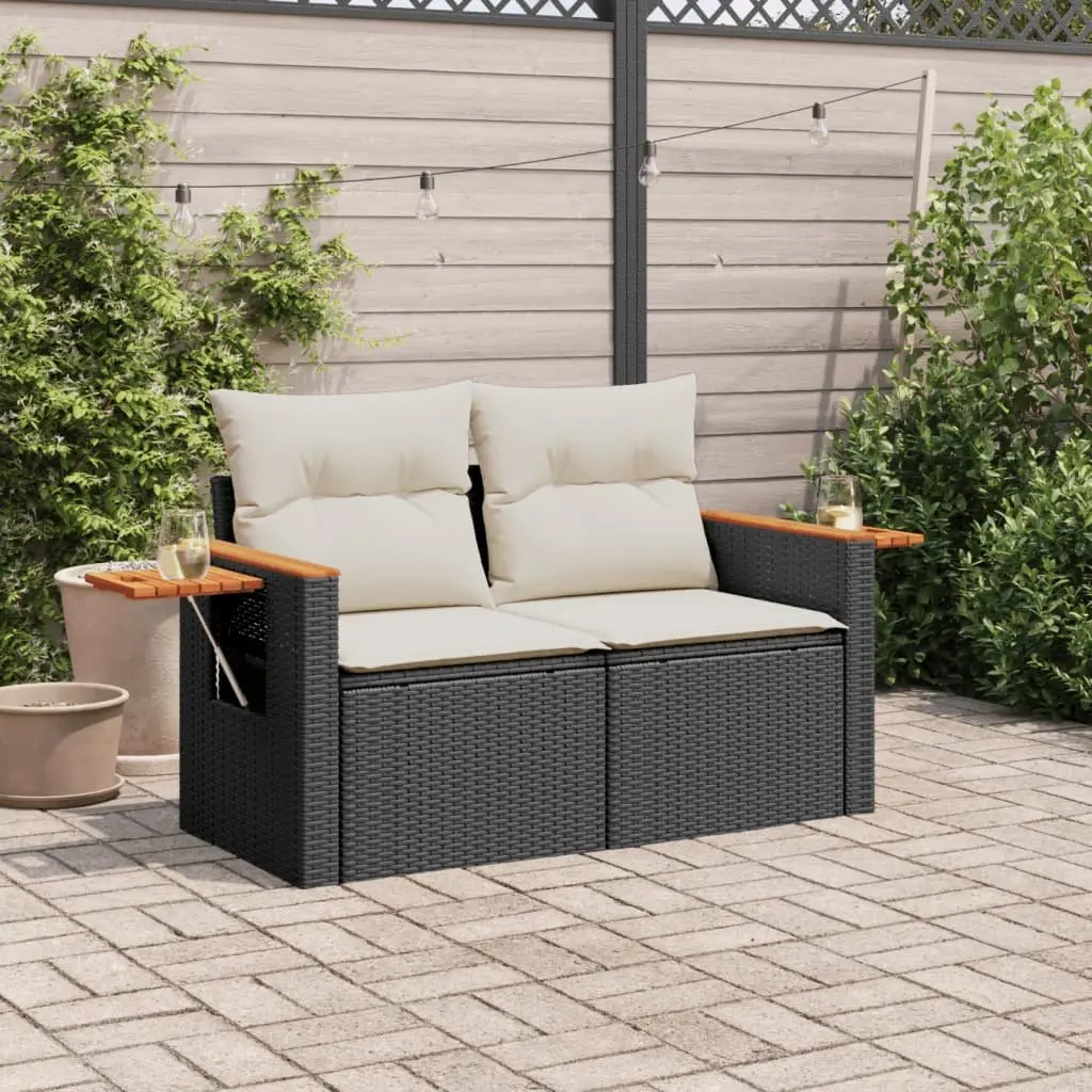 2-Seater Outdoor Garden Sofa with Cushions Foldable Side Table Black Poly Rattan