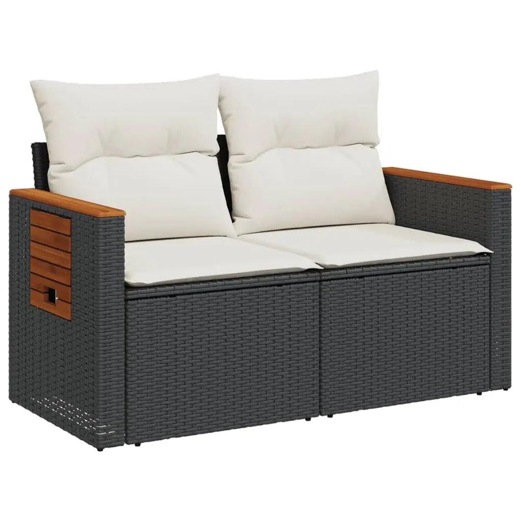 2-Seater Outdoor Garden Sofa with Cushions Foldable Side Table Black Poly Rattan