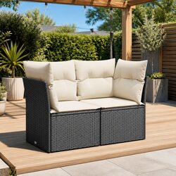 2-Seater Garden Sofa Outdoor Lounge Seat with Cushions Storage Black Rattan