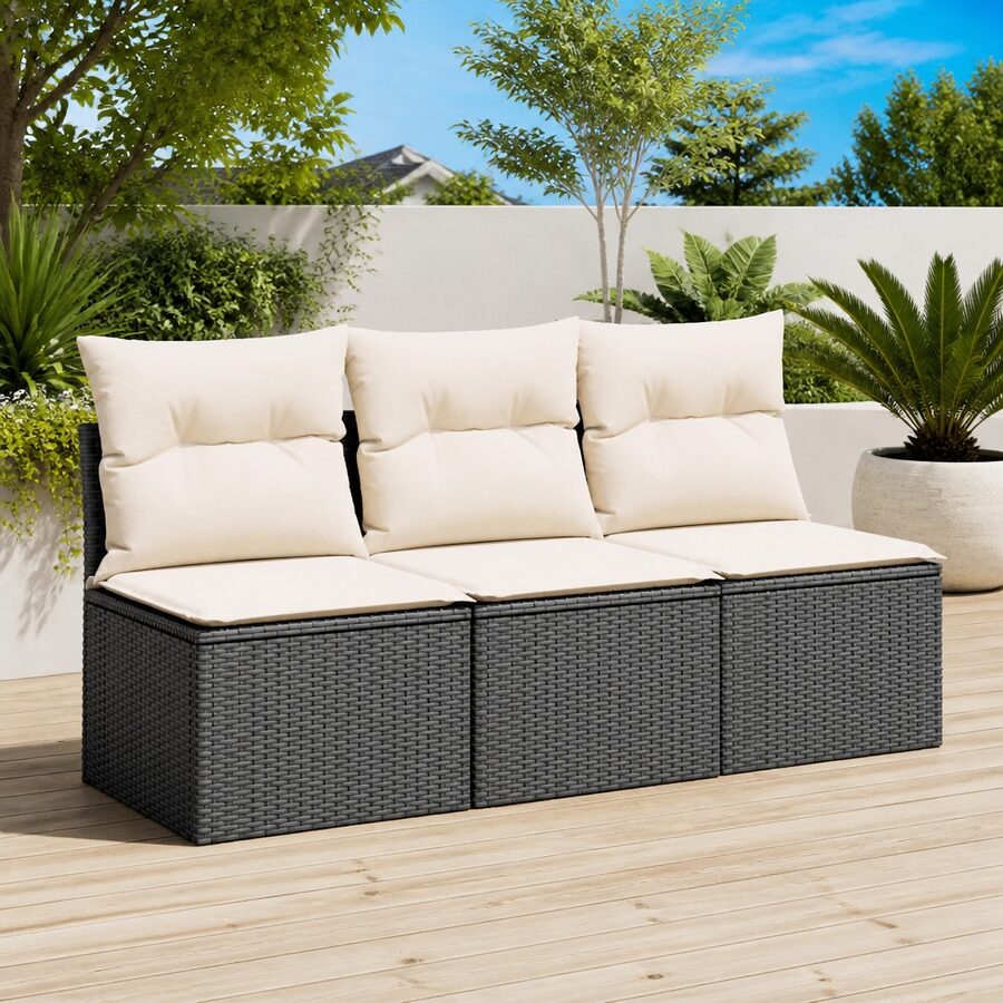 Outdoor Garden Sofa 3-Seater Black PE Rattan with Cushions Storage Modular
