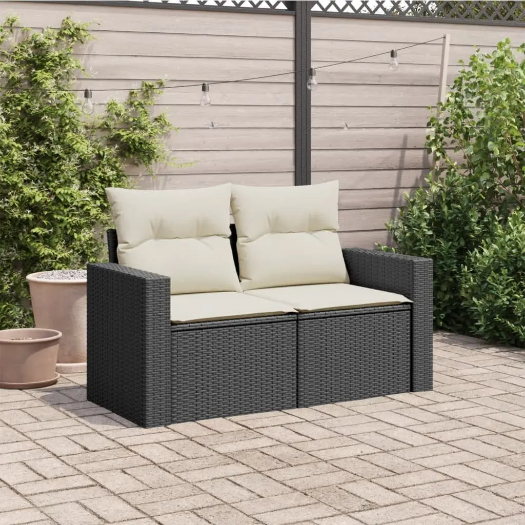 2-Seater Outdoor Garden Sofa Black Poly Rattan with Storage Cushions Patio