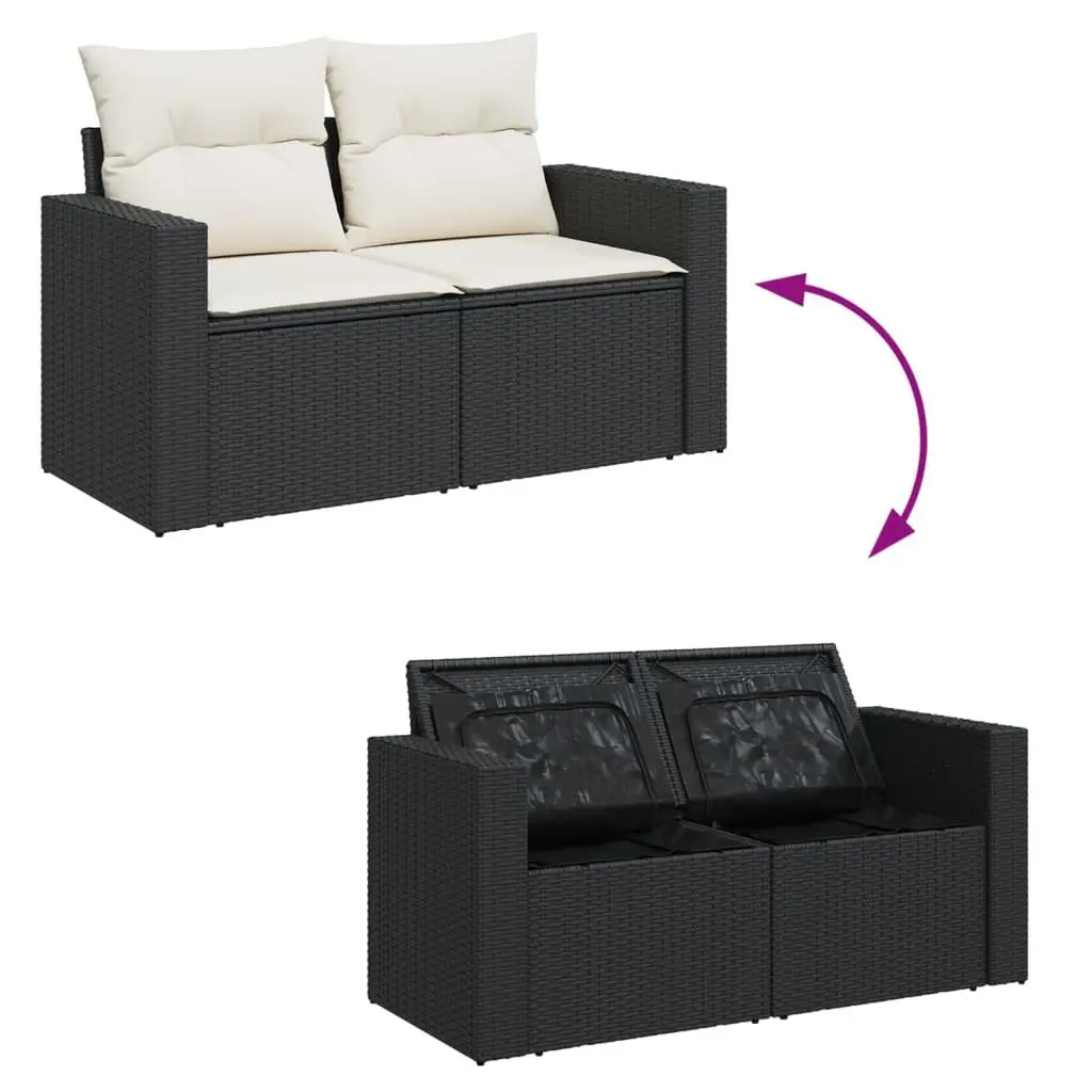 2-Seater Outdoor Garden Sofa Black Poly Rattan with Storage Cushions Patio