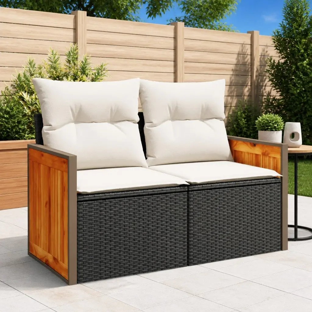 Outdoor Garden Sofa 2-Seater Black PE Rattan with Cushions and Storage