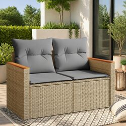 Outdoor Garden Sofa 2-Seater Beige PE Rattan with Cushions Patio Seating
