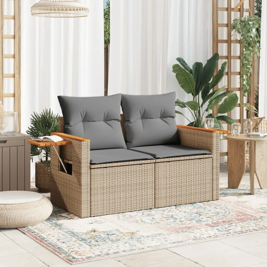 2-Seater Garden Sofa Outdoor Furniture Beige Poly Rattan with Cushions Side