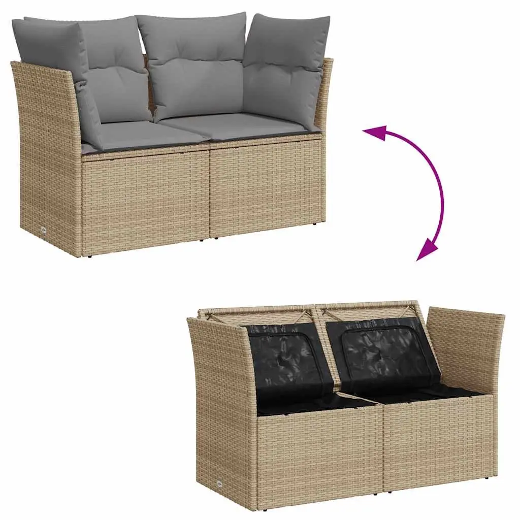2-Seater Garden Sofa Outdoor Seating with Storage Cushions Beige Poly Rattan