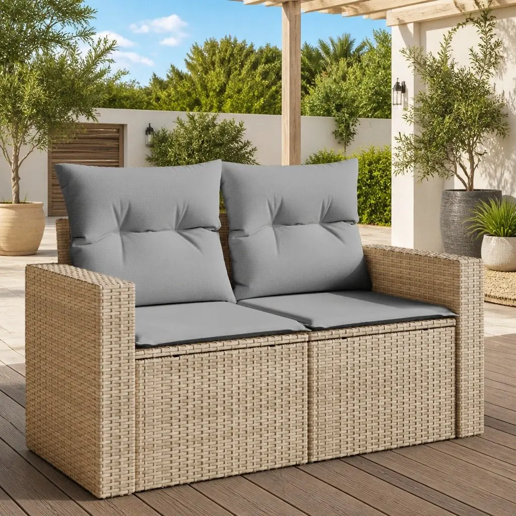 2-Seater Garden Sofa with Cushions Storage Beige Poly Rattan Outdoor Furniture