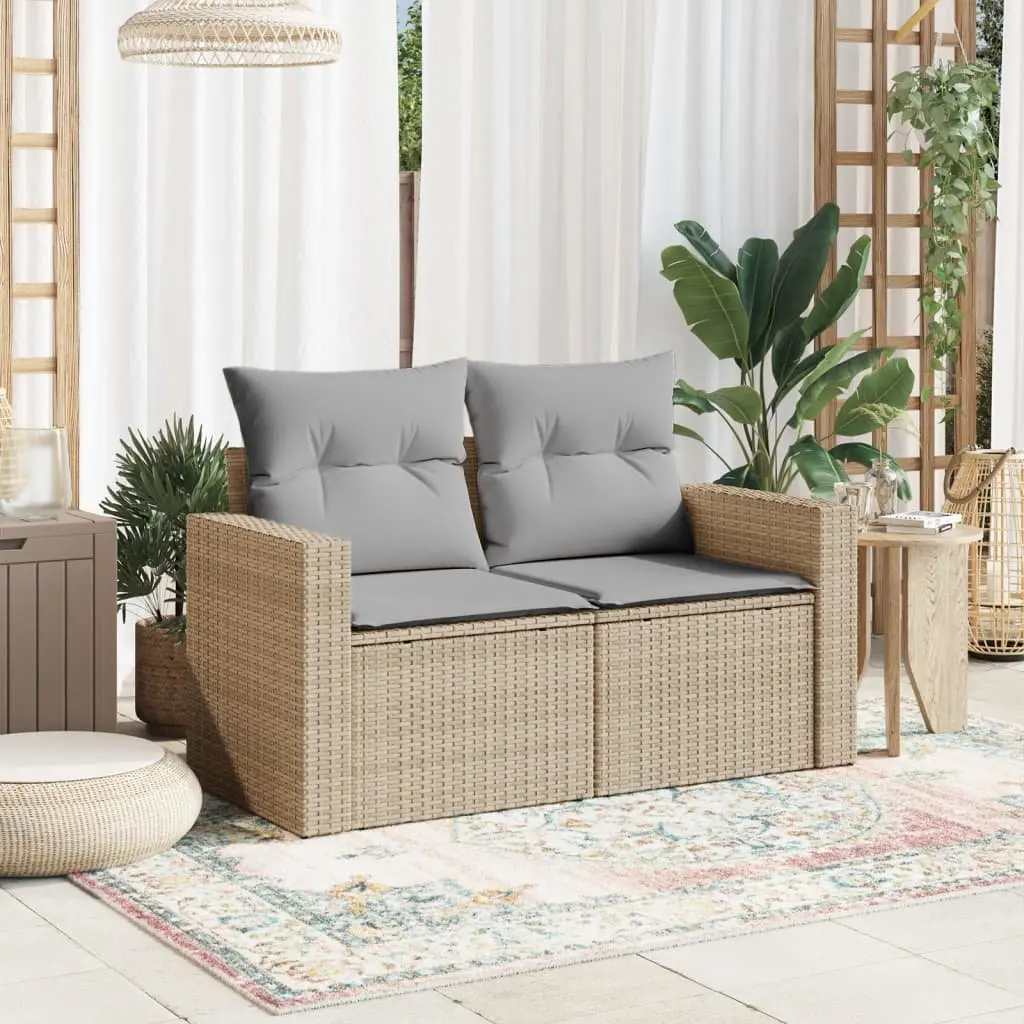 2-Seater Garden Sofa with Cushions Storage Beige Poly Rattan Outdoor Furniture