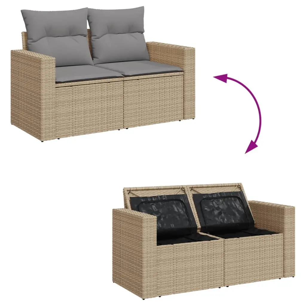 2-Seater Garden Sofa with Cushions Storage Beige Poly Rattan Outdoor Furniture