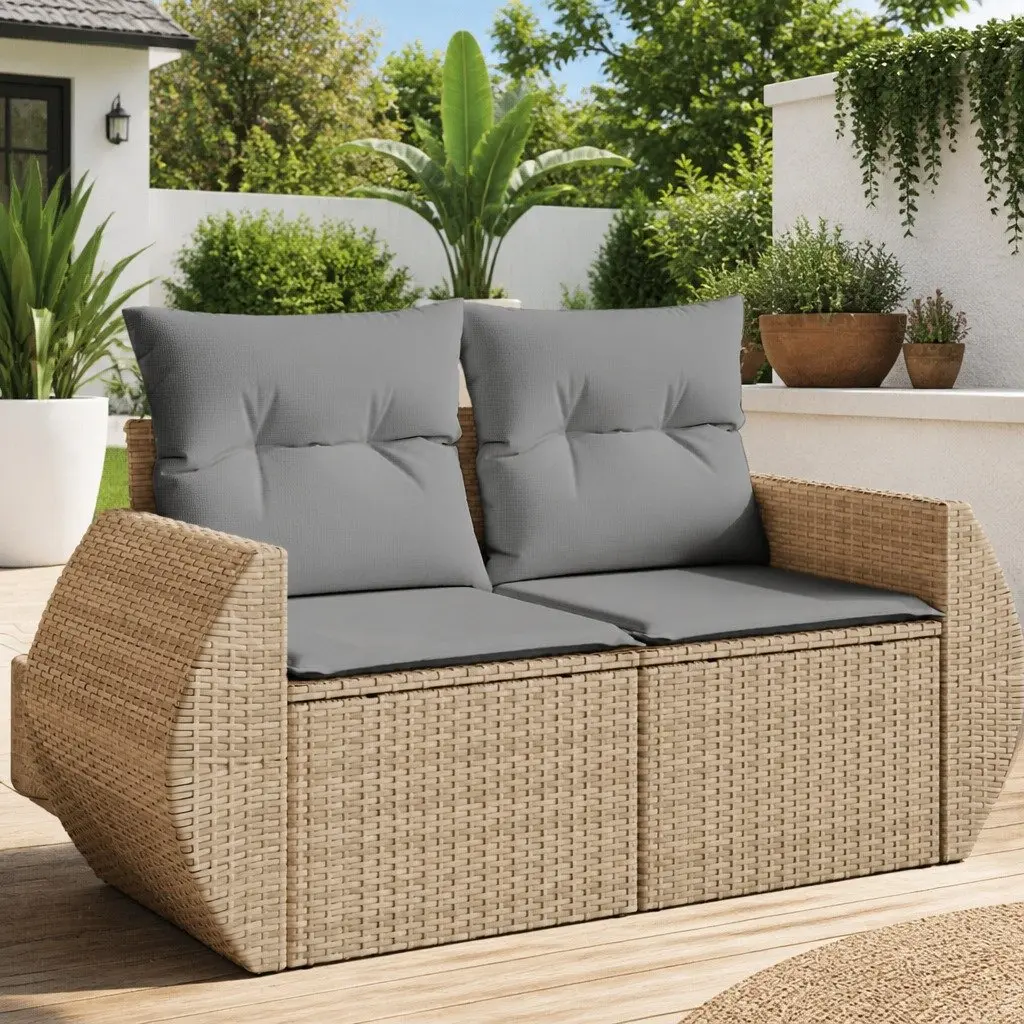 2-Seater Garden Sofa with Storage Cushions Outdoor Patio Seating Beige