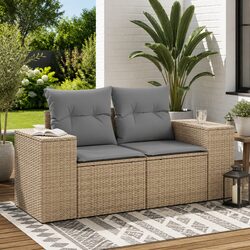 Outdoor Garden Sofa 2-Seater with Cushions Storage Beige Poly Rattan Patio