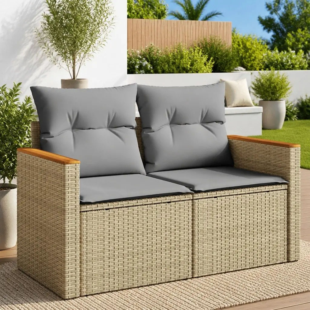 2-Seater Garden Sofa with Storage Cushions PE Rattan Beige