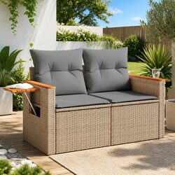 2-Seater Outdoor Garden Sofa with Foldable Side Table and Storage Beige