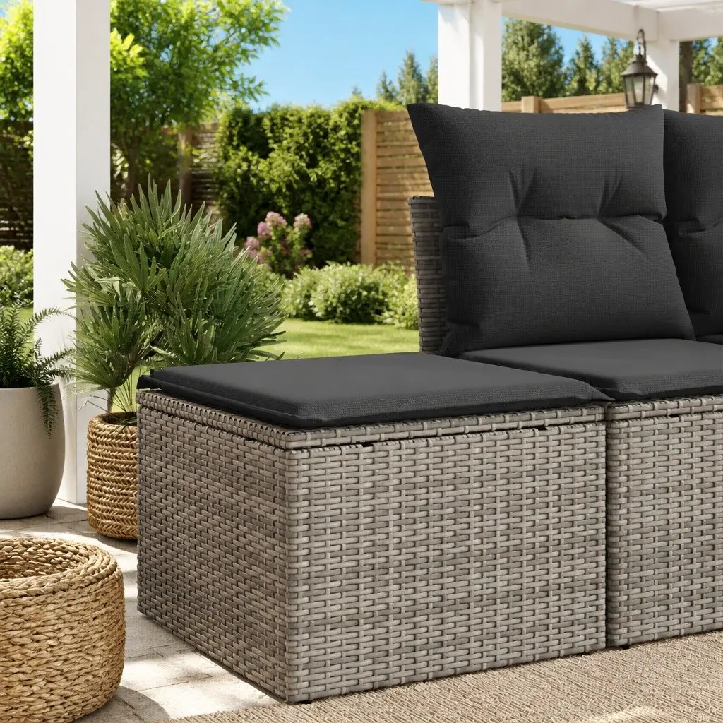 Garden Stool with Cushion Grey Outdoor Foot Rest Poly Rattan Patio Furniture
