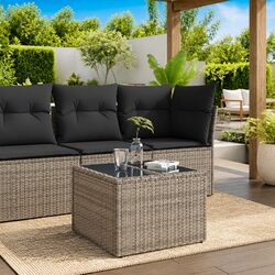 Garden Table Outdoor Furniture Grey Poly Rattan Glass Top Patio Dining