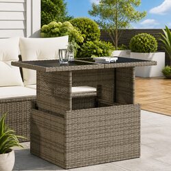 Garden Table Outdoor Furniture Grey Glass Top Poly Rattan Patio Coffee Dining