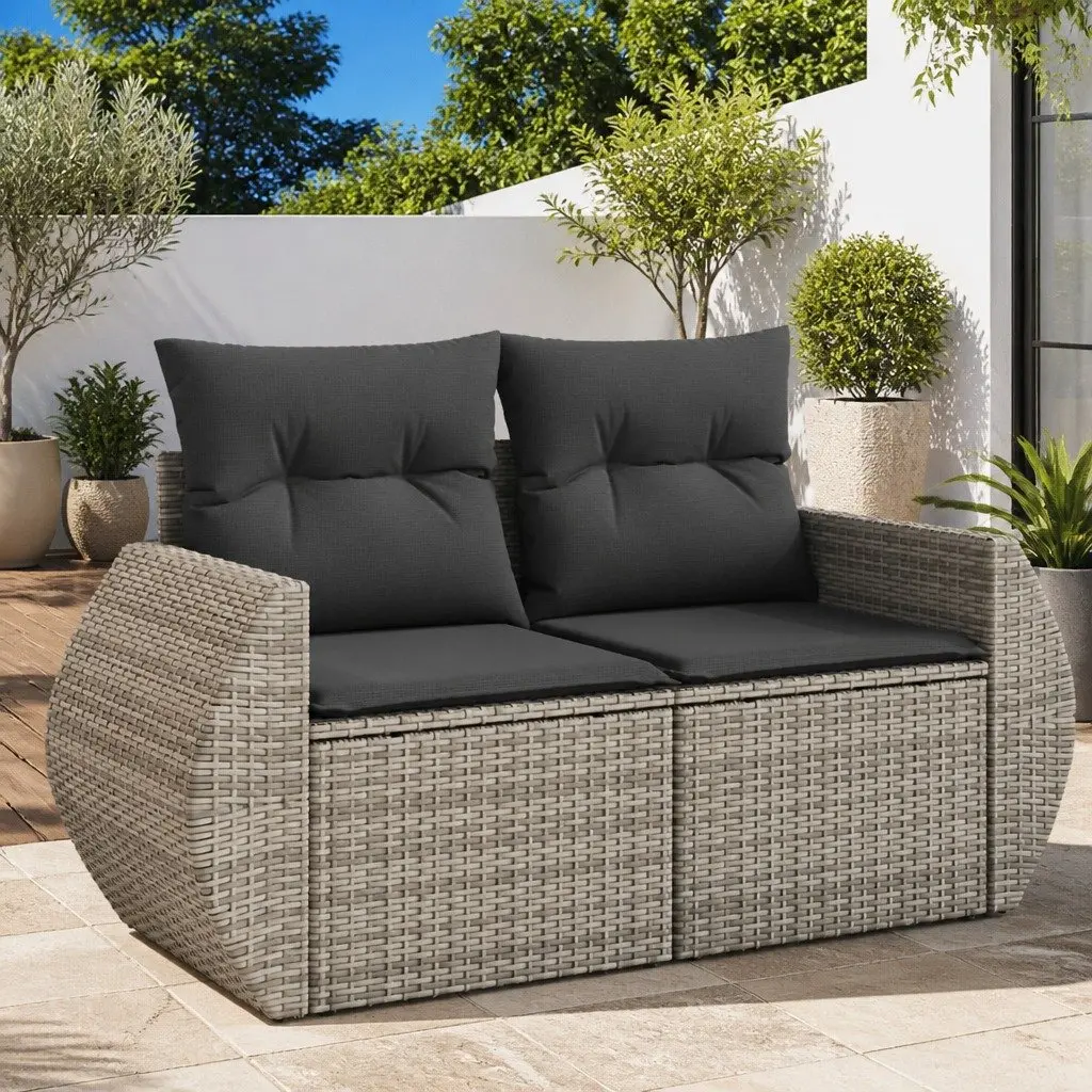 2-Seater Garden Sofa PE Rattan Grey Outdoor Furniture with Cushions