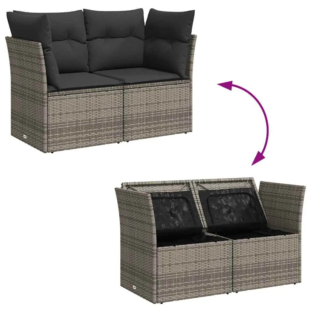 2-Seater Garden Sofa with Cushions Storage Grey Outdoor Poly Rattan Seating