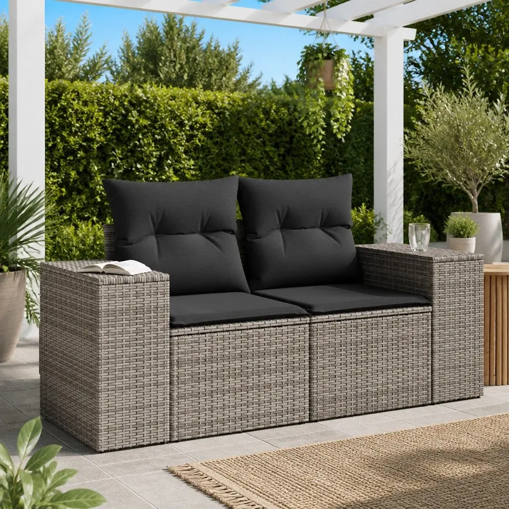 2-Seater Garden Sofa with Cushions Storage Grey PE Rattan Outdoor Patio Furniture