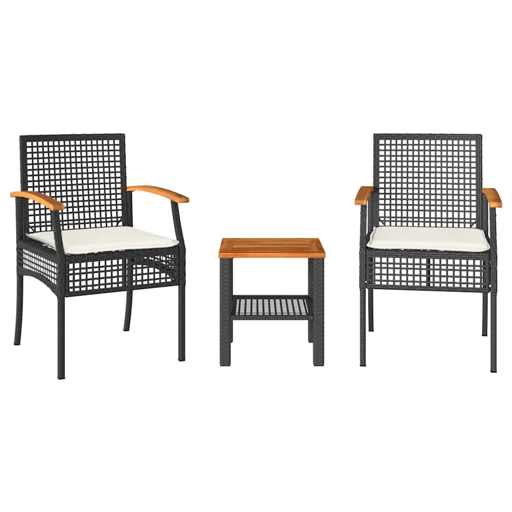 3 Piece Outdoor Bistro Set Black PE Rattan Acacia Wood Table Chairs Cushions